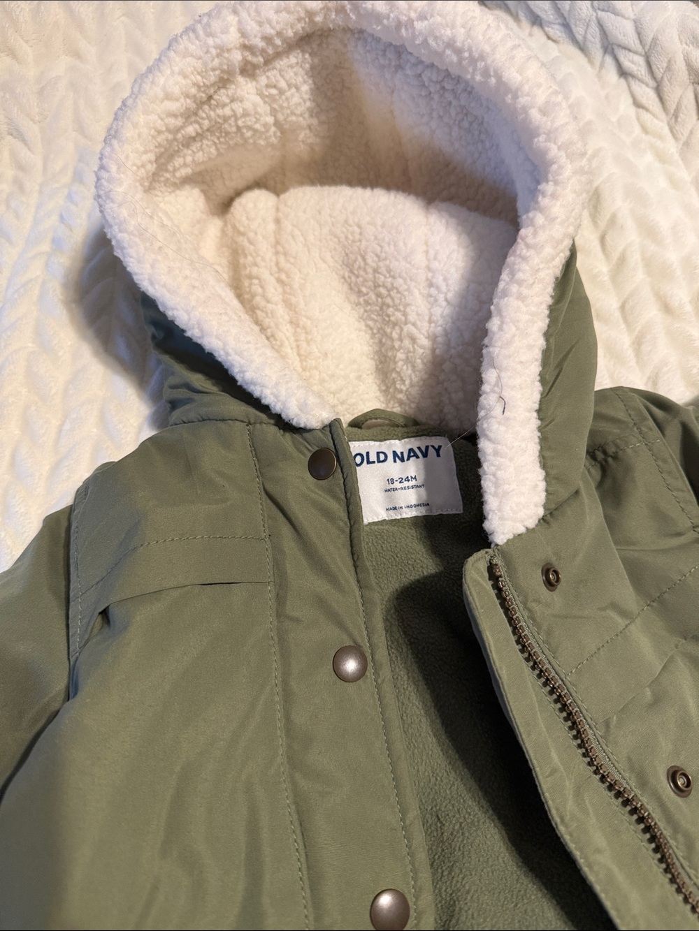 Old Navy Olive Green Puffer Jacket with White Sherpa Hood